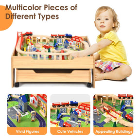 Kids Wooden Train Track Set Table with 100 Multicolor Pieces & Storage Drawer, Toddlers Activity Table Playset Gift for  Boys Girls