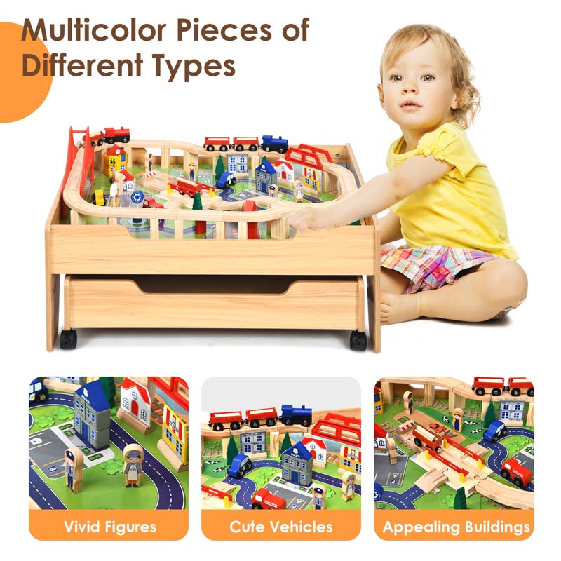 Kids Wooden Train Track Set Table with 100 Multicolor Pieces & Storage Drawer, Toddlers Activity Table Playset Gift for  Boys Girls