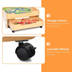 Kids Wooden Train Track Set Table with 100 Multicolor Pieces & Storage Drawer, Toddlers Activity Table Playset Gift for  Boys Girls