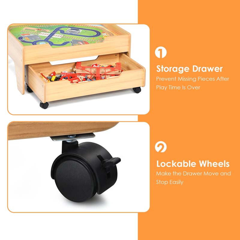Kids Wooden Train Track Set Table with 100 Multicolor Pieces & Storage Drawer, Toddlers Activity Table Playset Gift for  Boys Girls