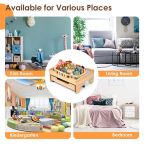 Kids Wooden Train Track Set Table with 100 Multicolor Pieces & Storage Drawer, Toddlers Activity Table Playset Gift for  Boys Girls