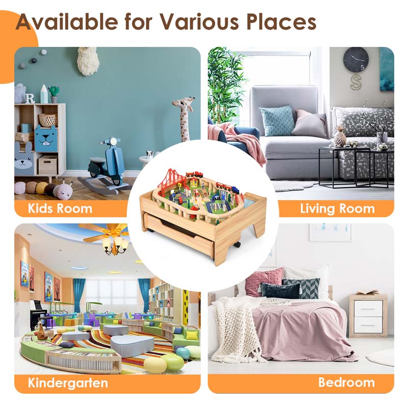 Kids Wooden Train Track Set Table with 100 Multicolor Pieces & Storage Drawer, Toddlers Activity Table Playset Gift for  Boys Girls