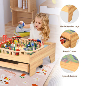 Kids Wooden Train Track Set Table with 100 Multicolor Pieces & Storage Drawer, Toddlers Activity Table Playset Gift for  Boys Girls