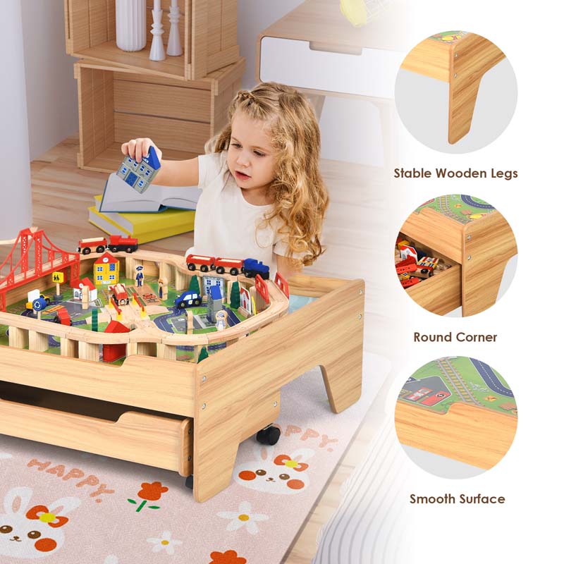 Kids Wooden Train Track Set Table with 100 Multicolor Pieces & Storage Drawer, Toddlers Activity Table Playset Gift for  Boys Girls