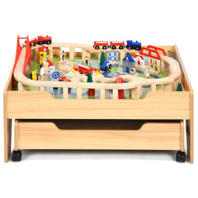 Kids Wooden Train Track Set Table with 100 Multicolor Pieces & Storage Drawer, Toddlers Activity Table Playset Gift for  Boys Girls