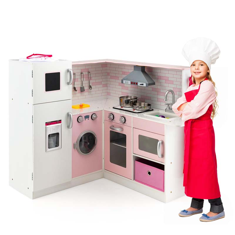 Pink Kids Corner Kitchen Playset, Wooden Pretend Play Kitchen Toy Set with Realistic Light & Sound, Washing Machine, Microwave