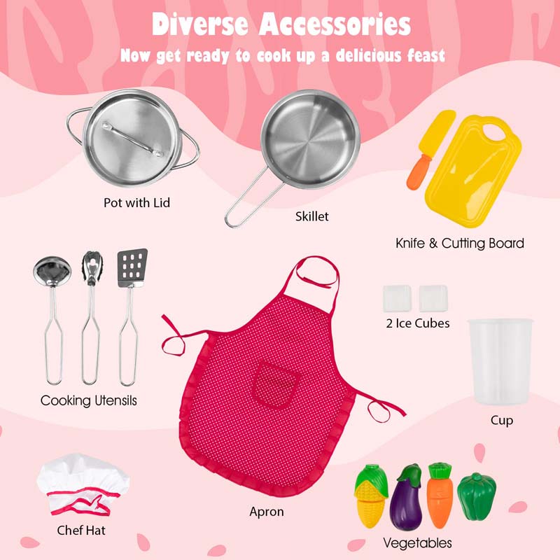 Pink Kids Corner Kitchen Playset, Wooden Pretend Play Kitchen Toy Set with Realistic Light & Sound, Washing Machine, Microwave