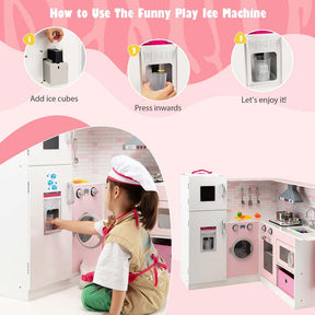 Pink Kids Corner Kitchen Playset, Wooden Pretend Play Kitchen Toy Set with Realistic Light & Sound, Washing Machine, Microwave