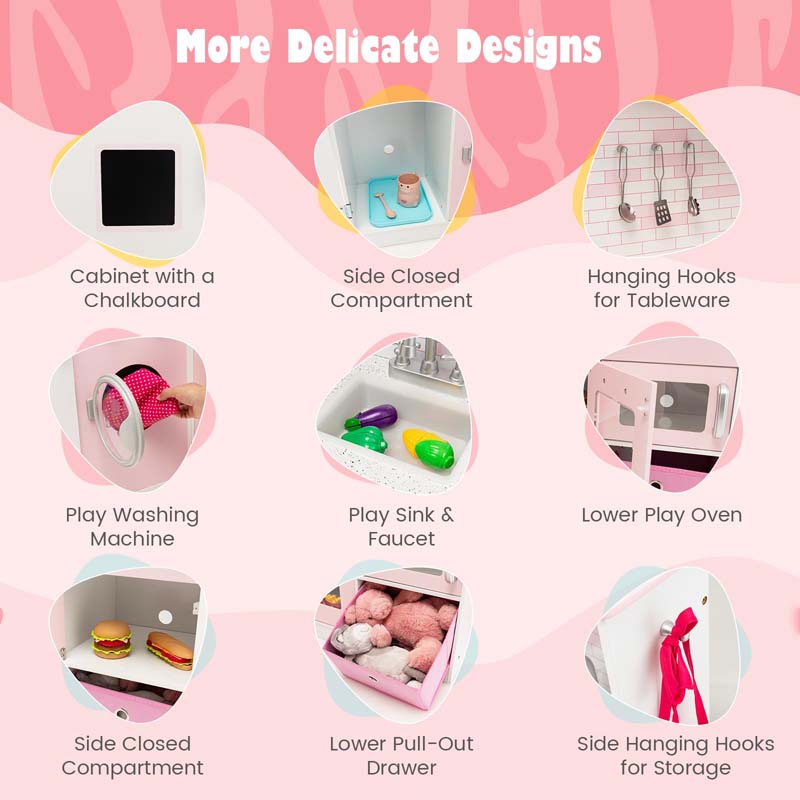 Pink Kids Corner Kitchen Playset, Wooden Pretend Play Kitchen Toy Set with Realistic Light & Sound, Washing Machine, Microwave