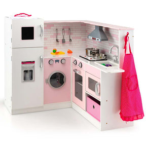 Pink Kids Corner Kitchen Playset, Wooden Pretend Play Kitchen Toy Set with Realistic Light & Sound, Washing Machine, Microwave