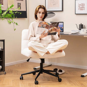 Modern Faux Fur Armless Cross Legged Chair with Wheels with Padded Seat, Adjustable Height Computer Swivel Task Chair
