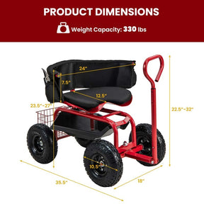 Cushioned Rolling Garden Cart Workseat Yard Wagon Scooter with Storage Basket & Extendable Steering Handle