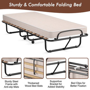 75" x 31.5" Rollaway Bed with Mattress, Folding Guest Bed Portable Sleeper Bed Cot Size for Adults, Made in Italy