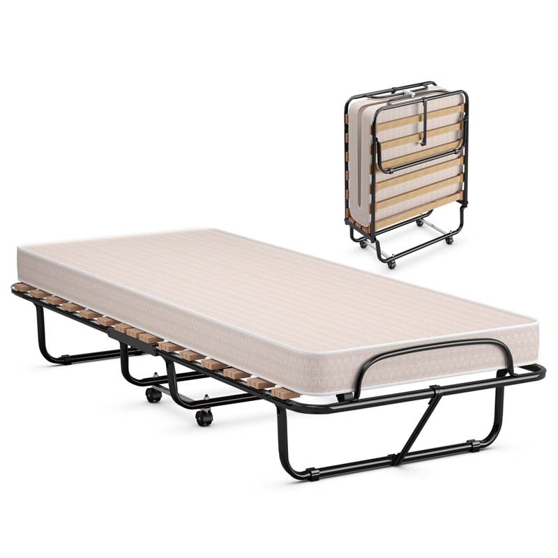 75" x 31.5" Rollaway Bed with Mattress, Folding Guest Bed Portable Sleeper Bed Cot Size for Adults, Made in Italy