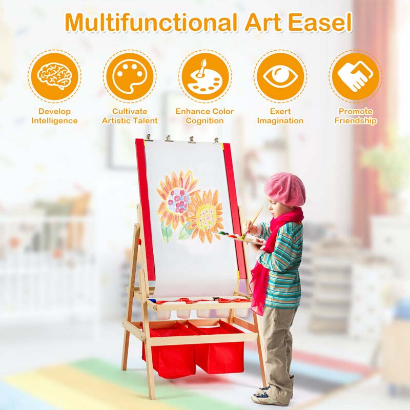 3-in-1 Wood Kids Art Easel, Flip-Over Double-Sided Adjustable Drawing Board with Magnetic Whiteboard, Chalkboard & Storage Bins for Toddlers