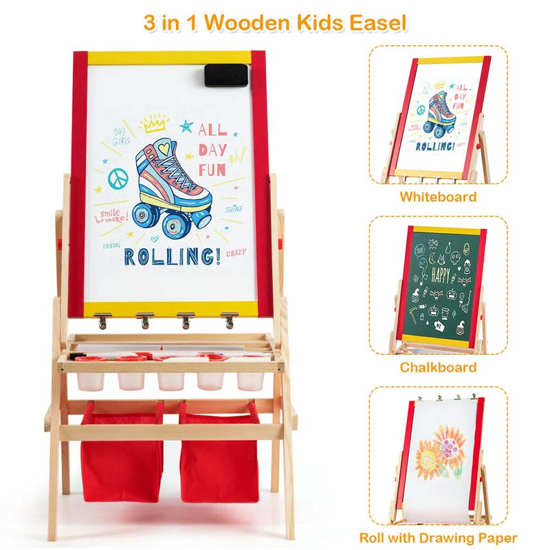 3-in-1 Wood Kids Art Easel, Flip-Over Double-Sided Adjustable Drawing Board with Magnetic Whiteboard, Chalkboard & Storage Bins for Toddlers