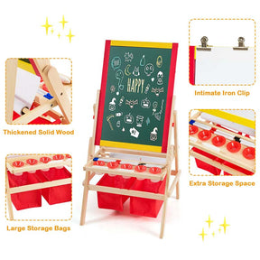 3-in-1 Wood Kids Art Easel, Flip-Over Double-Sided Adjustable Drawing Board with Magnetic Whiteboard, Chalkboard & Storage Bins for Toddlers