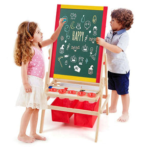 3-in-1 Wood Kids Art Easel, Flip-Over Double-Sided Adjustable Drawing Board with Magnetic Whiteboard, Chalkboard & Storage Bins for Toddlers