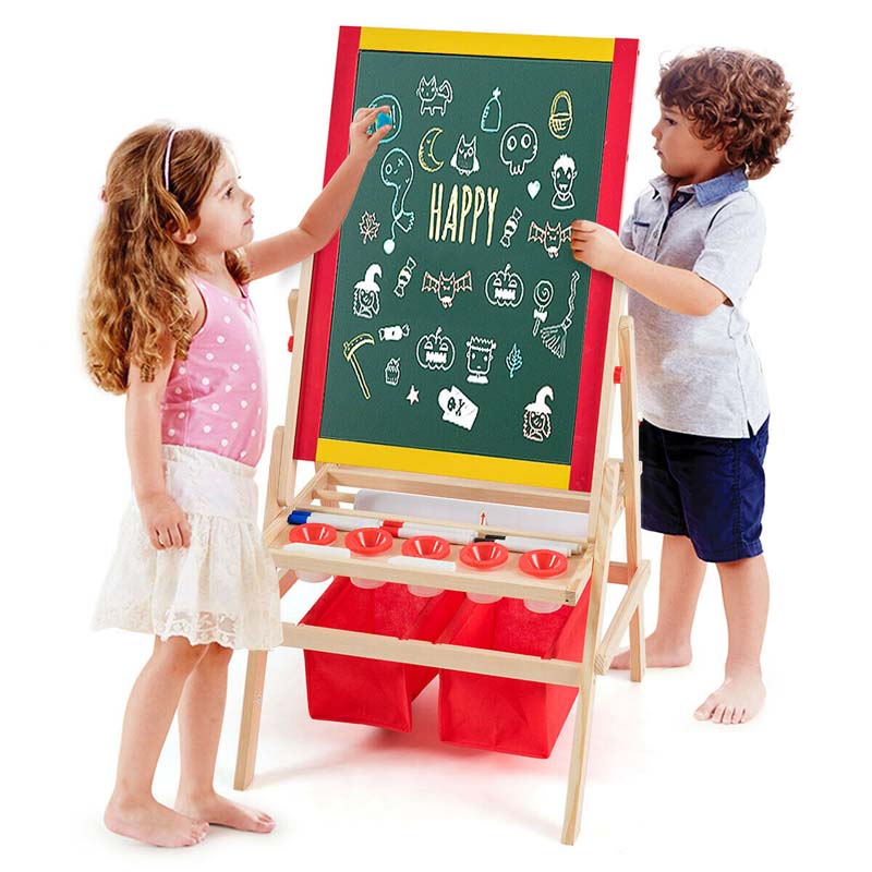 3-in-1 Wood Kids Art Easel, Flip-Over Double-Sided Adjustable Drawing Board with Magnetic Whiteboard, Chalkboard & Storage Bins for Toddlers