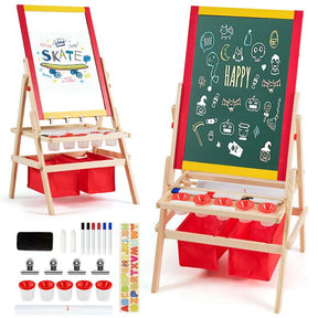 3-in-1 Wood Kids Art Easel, Flip-Over Double-Sided Adjustable Drawing Board with Magnetic Whiteboard, Chalkboard & Storage Bins for Toddlers