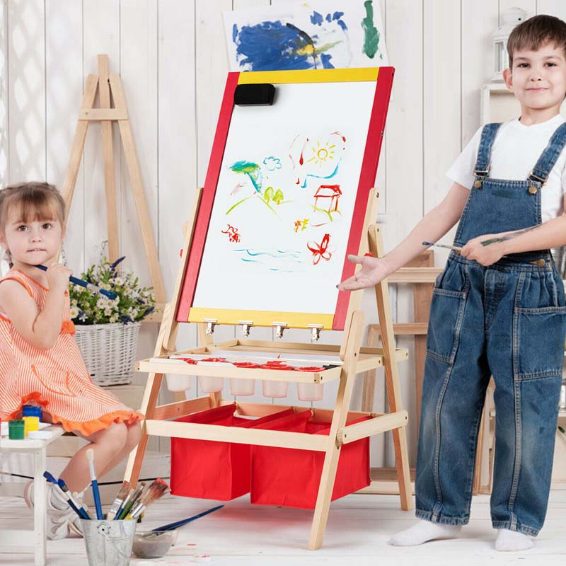 3-in-1 Wood Kids Art Easel, Flip-Over Double-Sided Adjustable Drawing Board with Magnetic Whiteboard, Chalkboard & Storage Bins for Toddlers
