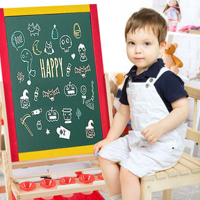 3-in-1 Wood Kids Art Easel, Flip-Over Double-Sided Adjustable Drawing Board with Magnetic Whiteboard, Chalkboard & Storage Bins for Toddlers