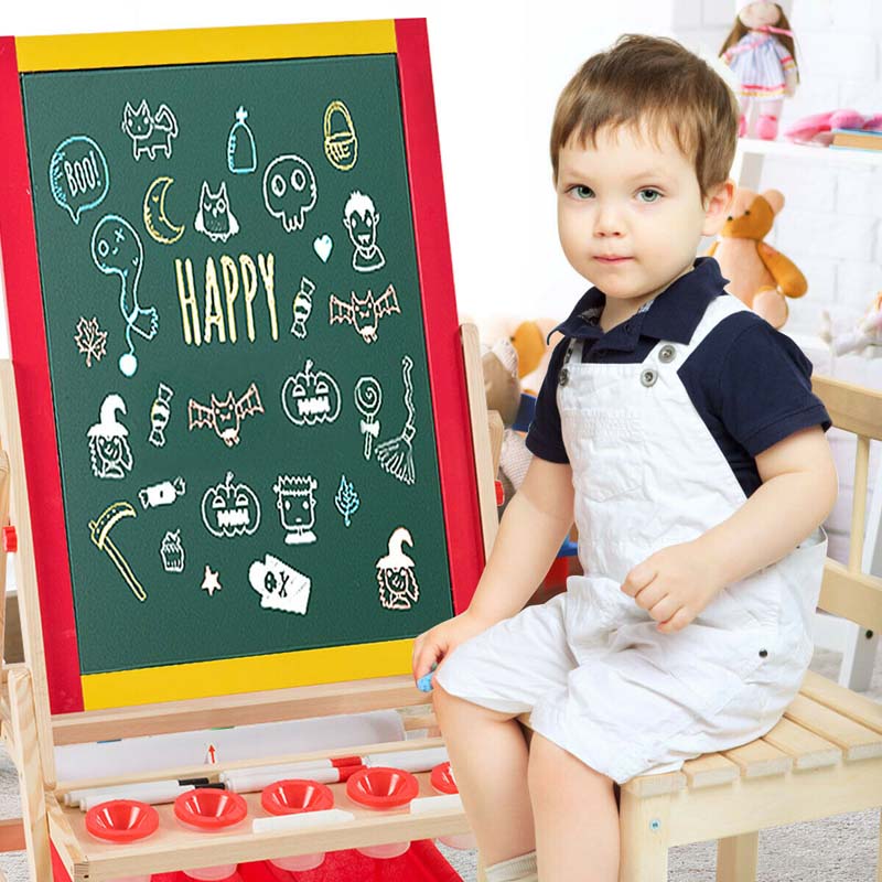 3-in-1 Wood Kids Art Easel, Flip-Over Double-Sided Adjustable Drawing Board with Magnetic Whiteboard, Chalkboard & Storage Bins for Toddlers