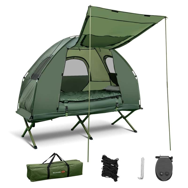 5-in-1 Camping Tent Cot for 1-Person, Foldable Elevated Tent with Awning, Air Mattress, Sleeping Bag & Carrying Bag for Outdoor Hiking & Picnic