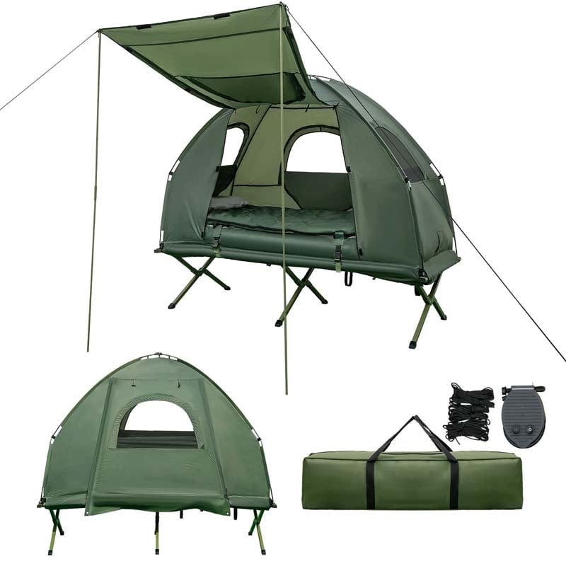 5-in-1 Camping Tent Cot for 1-Person, Foldable Elevated Tent with Awning, Air Mattress, Sleeping Bag & Carrying Bag for Outdoor Hiking & Picnic