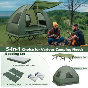 5-in-1 Off-Ground Tent Cot 2-Person Foldable Camping Bed Tent with Awning, Air Mattress, Sleeping Bag, Carrying Bag