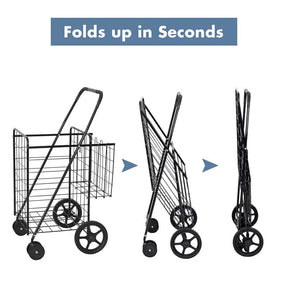 Jumbo Folding Shopping Cart Large Rolling Grocery Utility Cart with Double Basket & 360° Swivel Wheels