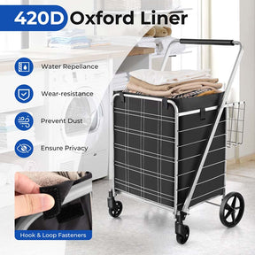 27.5 Gallon Jumbo Folding Shopping Cart with Waterproof Liner & Double Basket, Heavy Duty Portable Utility Cart for Grocery Market Laundry