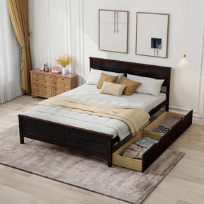 Twin/Full Size Solid Wood Platform Bed Frame with 2 Storage Drawers & Headboard, Wooden Slats Support Mattress Foundation