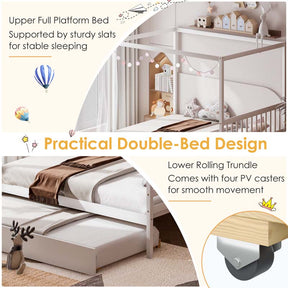 Full Size Canopy Bed with Trundle, Solid Wood Platform Bed Frame with Headboard, Full Bed for Kids Teens Adults
