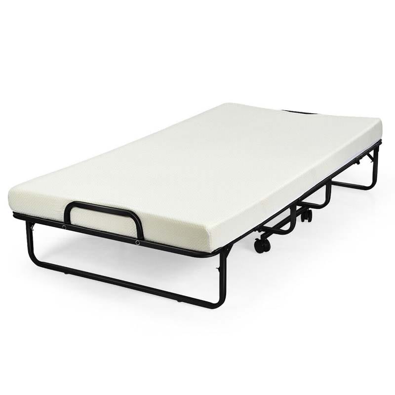 Portable Folding Bed with Mattress for Adults, Twin Rollaway Bed with 4" Memory Foam Mattress & Wheels, 75" x 38" Foldable Guest Bed