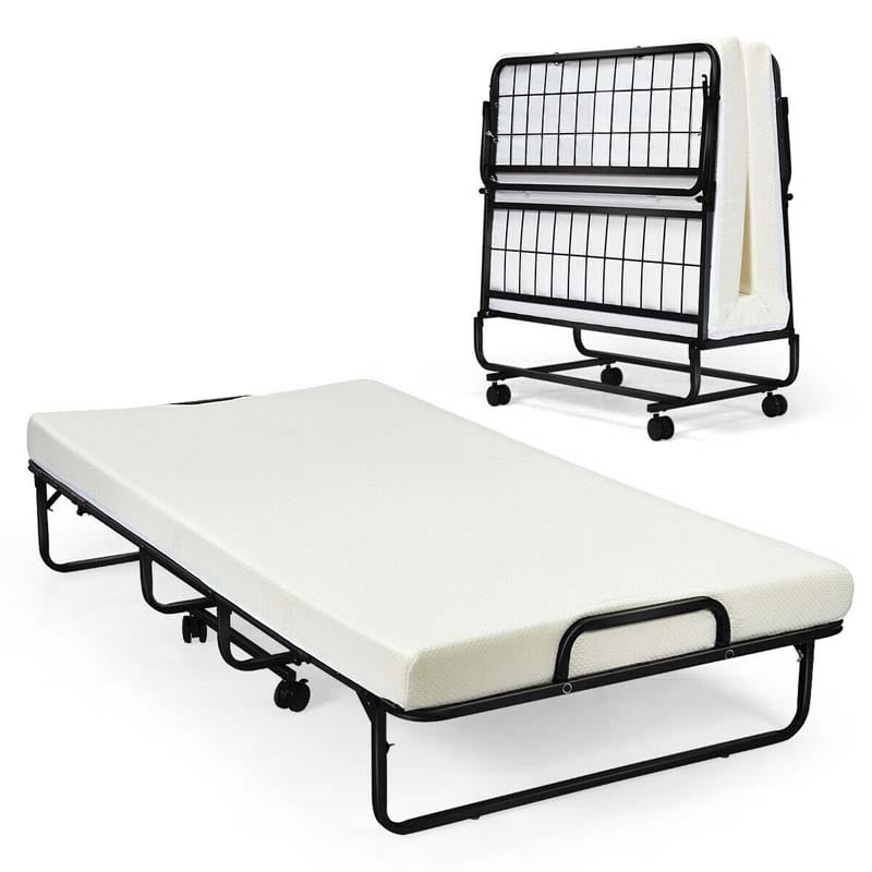Portable Folding Bed with Mattress for Adults, Twin Rollaway Bed with 4" Memory Foam Mattress & Wheels, 75" x 38" Foldable Guest Bed