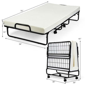 Portable Folding Bed with Mattress for Adults, Twin Rollaway Bed with 4" Memory Foam Mattress & Wheels, 75" x 38" Foldable Guest Bed