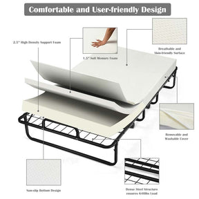 Portable Folding Bed with Mattress for Adults, Twin Rollaway Bed with 4" Memory Foam Mattress & Wheels, 75" x 38" Foldable Guest Bed