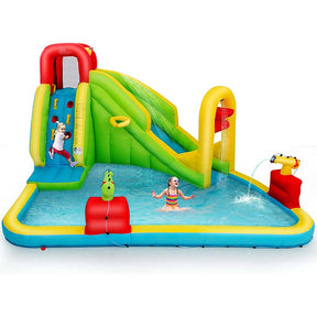 7-in-1 Long Slide Inflatable Bounce House Water Park with Splash Pool, Climbing Wall, Basketball Rim & Water Cannons for Kids Backyard Fun