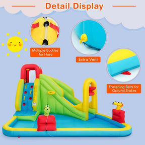 7-in-1 Long Slide Inflatable Bounce House Water Park with Splash Pool, Climbing Wall, Basketball Rim & Water Cannons for Kids Backyard Fun