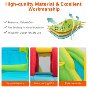 7-in-1 Long Slide Inflatable Bounce House Water Park with Splash Pool, Climbing Wall, Basketball Rim & Water Cannons for Kids Backyard Fun