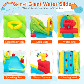 7-in-1 Long Slide Inflatable Bounce House Water Park with Splash Pool, Climbing Wall, Basketball Rim & Water Cannons for Kids Backyard Fun
