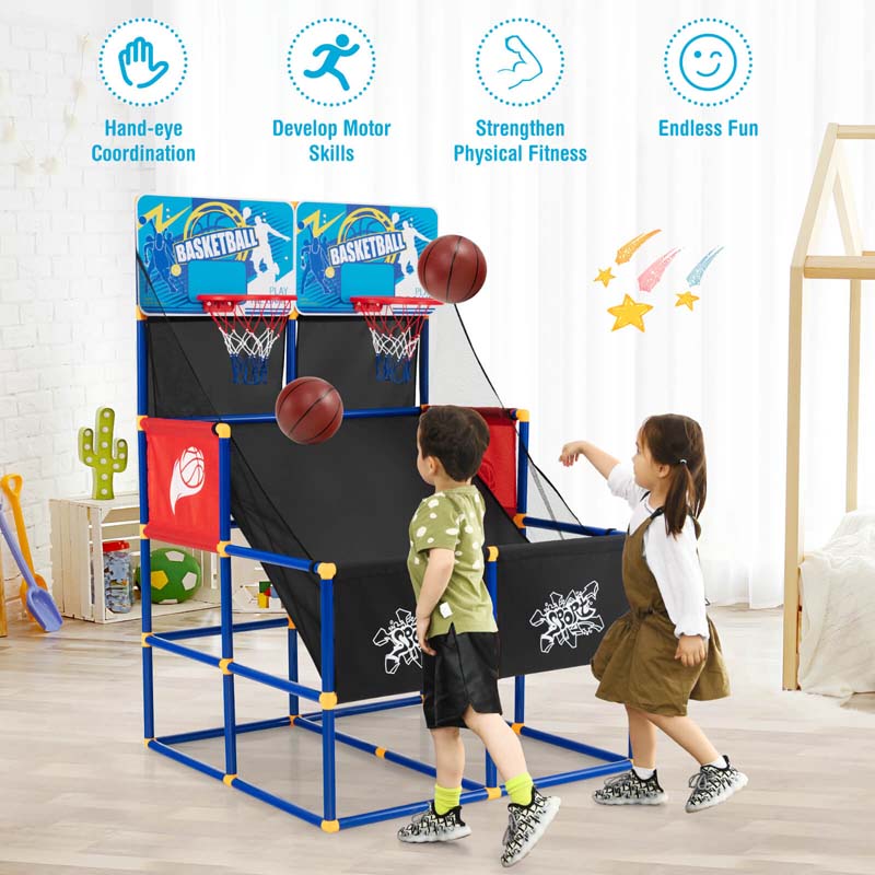 2 Player Basketball Arcade Game, Indoor Outdoor Dual Shot Basketball Hoop Game with 4 Balls & Ball Pump for Kids Ages 3+