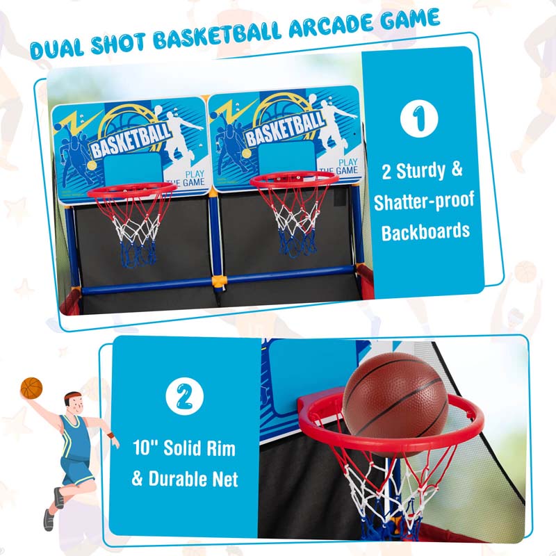 2 Player Basketball Arcade Game, Indoor Outdoor Dual Shot Basketball Hoop Game with 4 Balls & Ball Pump for Kids Ages 3+