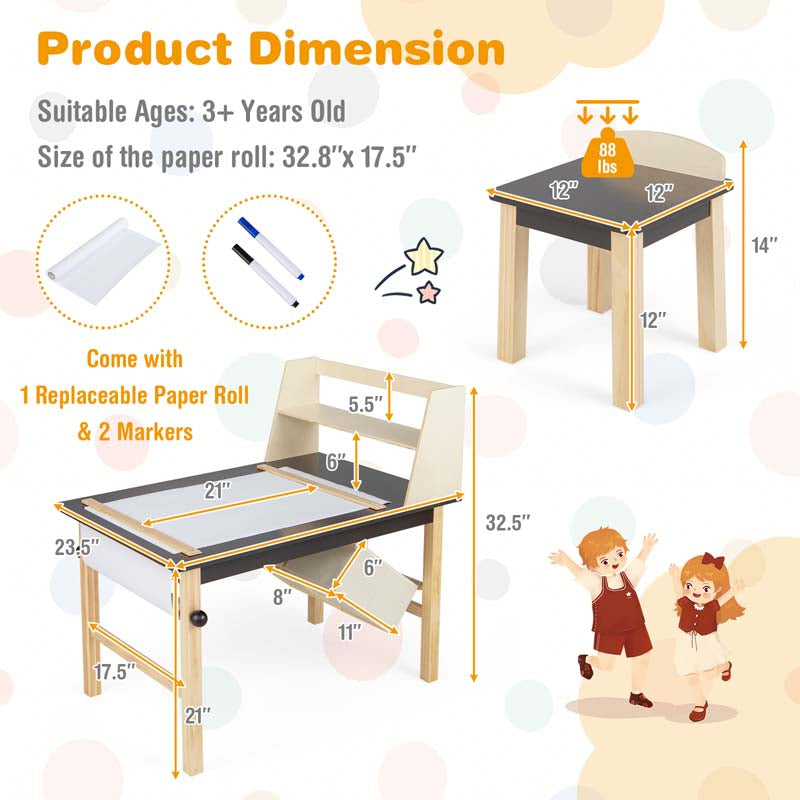 Kids Art Table and Chair Set with Paper Roll, 2 Storage Bins, Kids Activity Play Table Set Wooden Drawing Painting Craft Center
