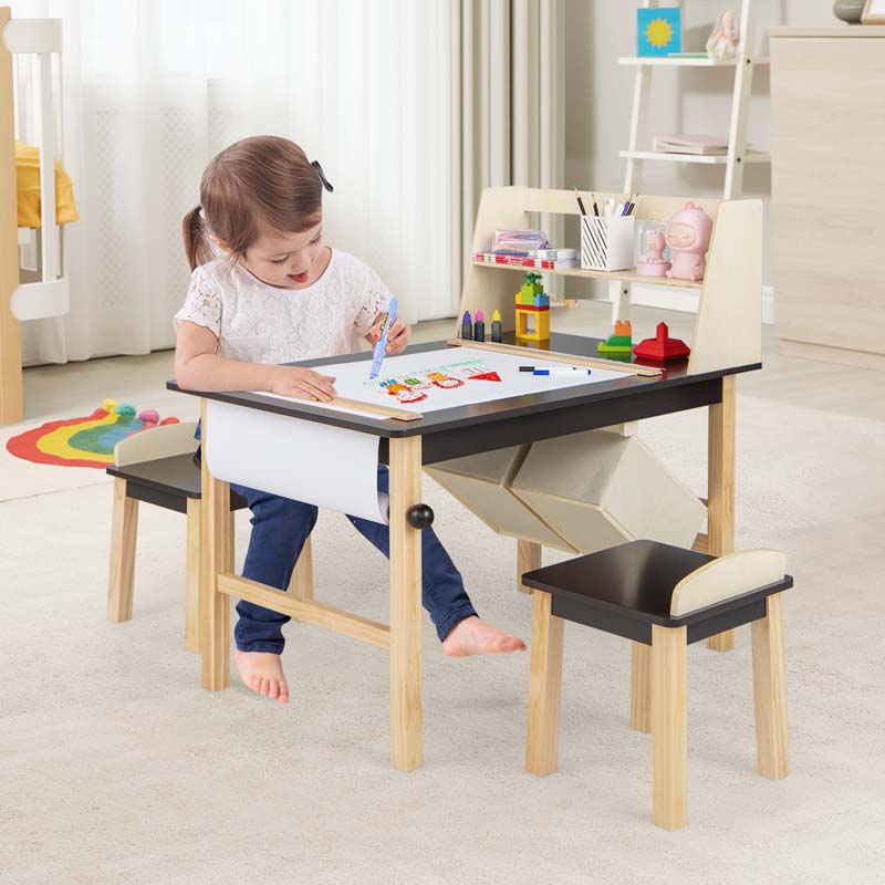 Kids Art Table and Chair Set with Paper Roll, 2 Storage Bins, Kids Activity Play Table Set Wooden Drawing Painting Craft Center