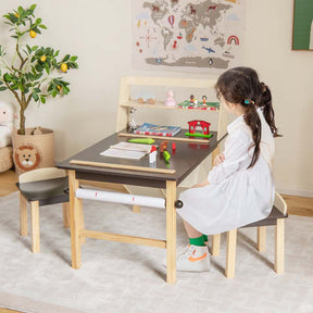 Kids Art Table and Chair Set with Paper Roll, 2 Storage Bins, Kids Activity Play Table Set Wooden Drawing Painting Craft Center