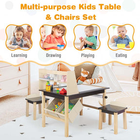 Kids Art Table and Chair Set with Paper Roll, 2 Storage Bins, Kids Activity Play Table Set Wooden Drawing Painting Craft Center