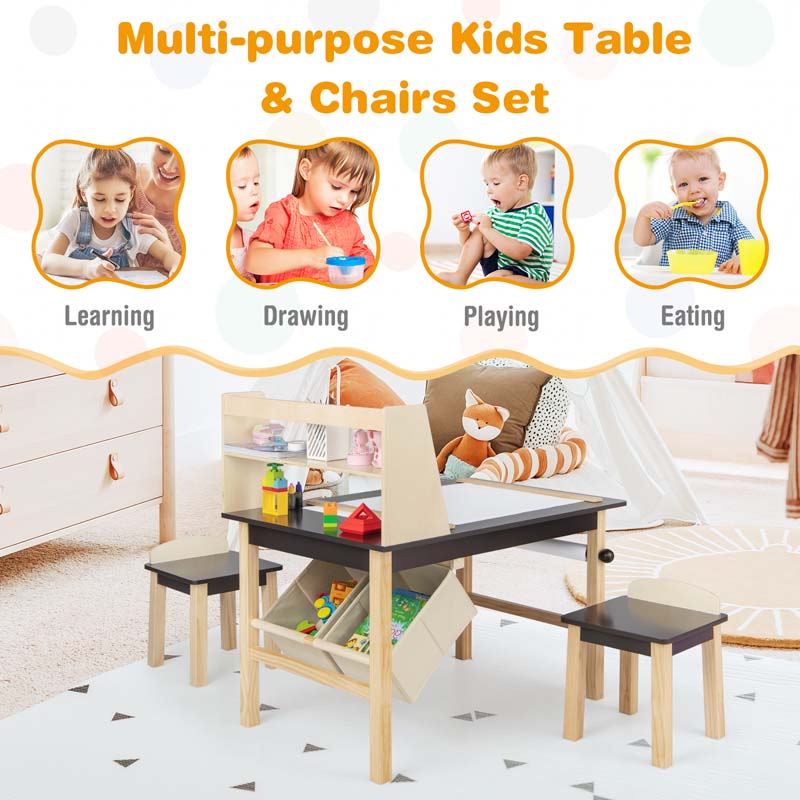 Kids Art Table and Chair Set with Paper Roll, 2 Storage Bins, Kids Activity Play Table Set Wooden Drawing Painting Craft Center