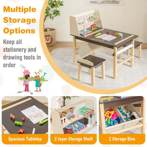 Kids Art Table and Chair Set with Paper Roll, 2 Storage Bins, Kids Activity Play Table Set Wooden Drawing Painting Craft Center